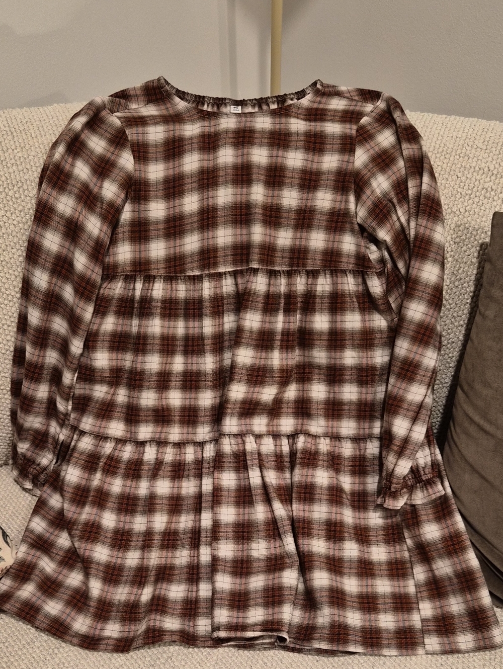 Uniqlo Plaid Tiered Dress in Brown and Cream